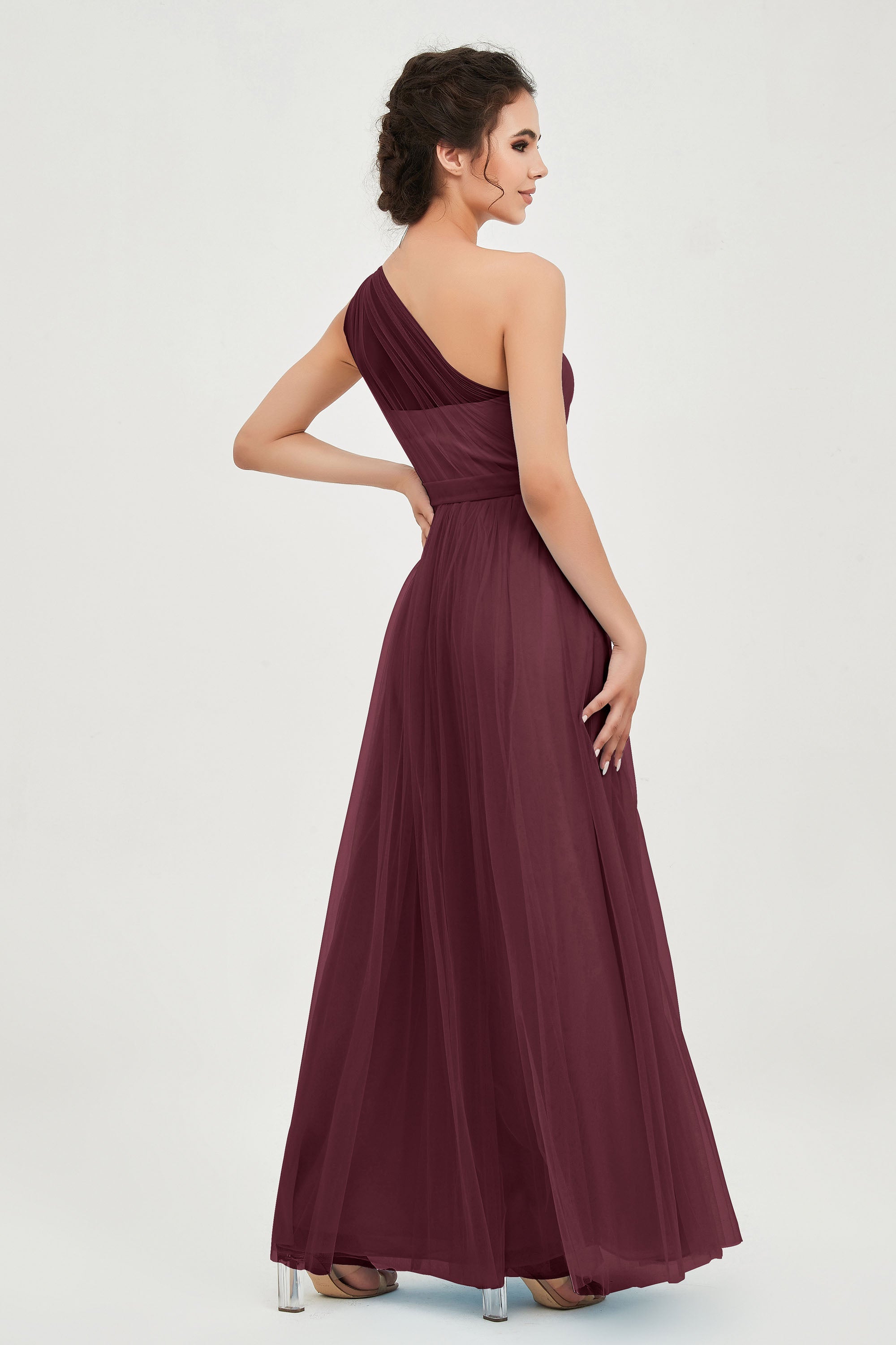 One Shoulder Tulle Ruched Bridesmaid Dress A Line Formal Evening Prom Dresses Gowns