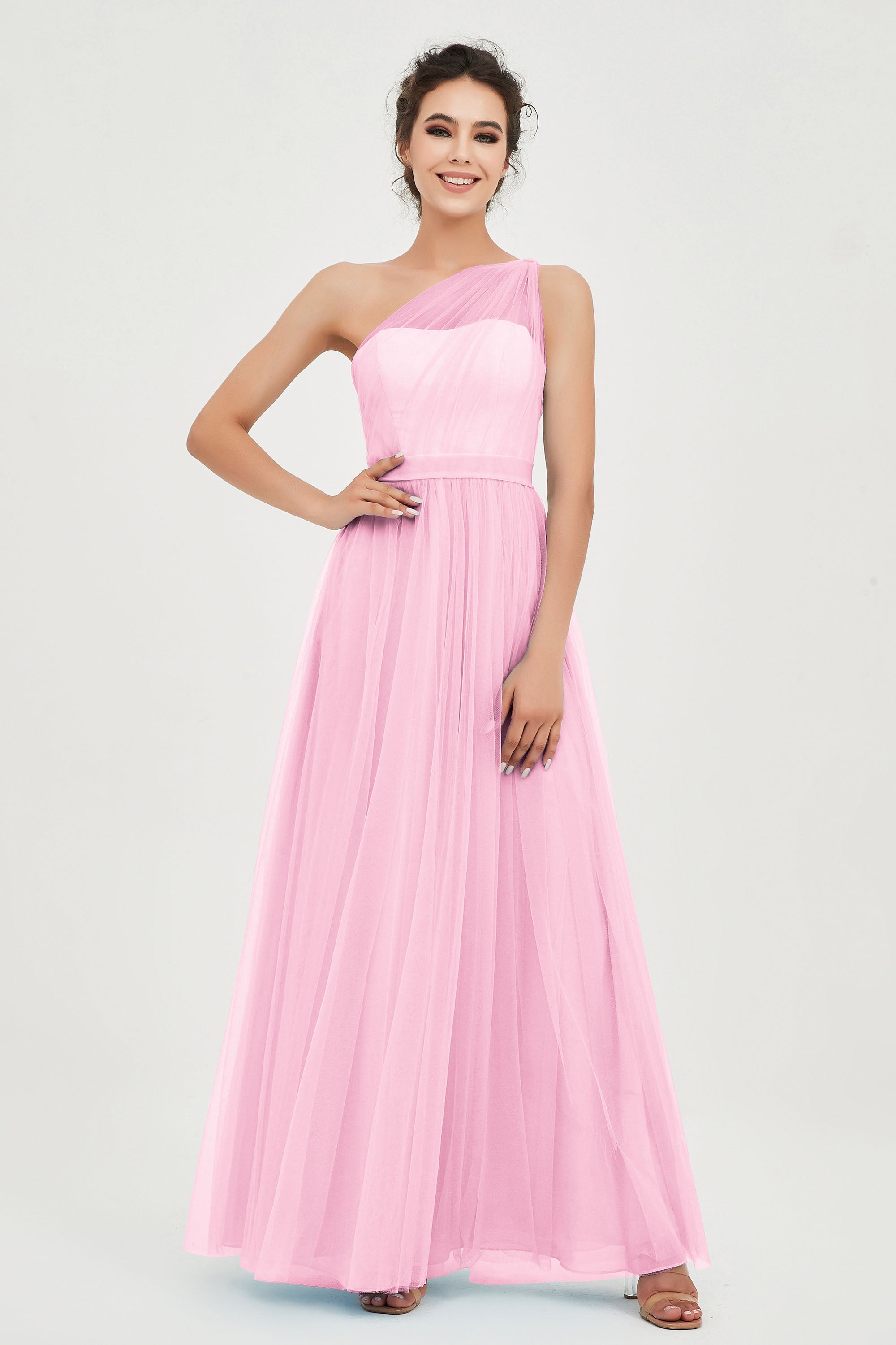 One Shoulder Tulle Ruched Bridesmaid Dress A Line Formal Evening Prom Dresses Gowns