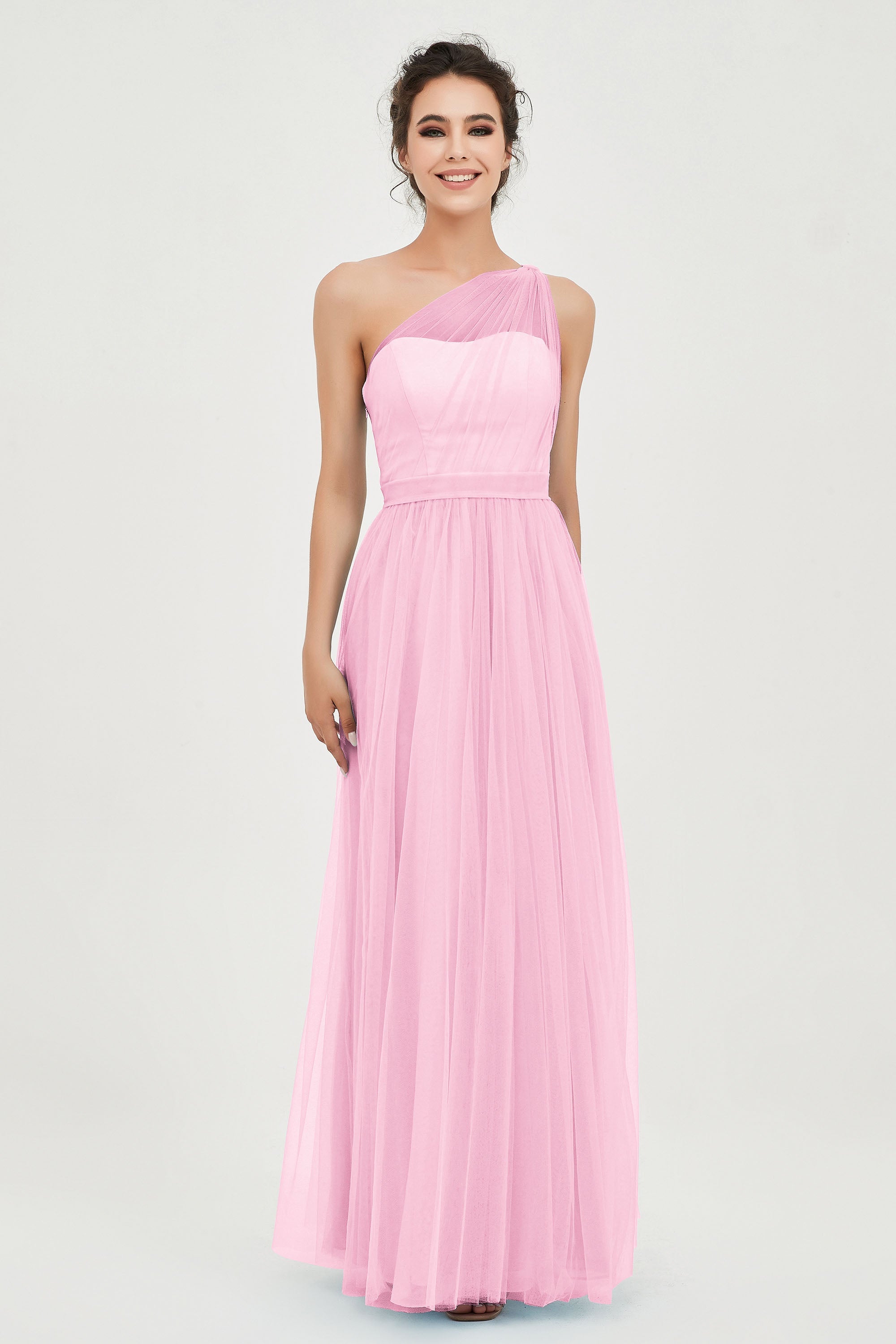 One Shoulder Tulle Ruched Bridesmaid Dress A Line Formal Evening Prom Dresses Gowns