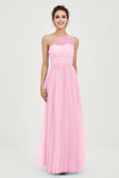 One Shoulder Tulle Ruched Bridesmaid Dress A Line Formal Evening Prom Dresses Gowns