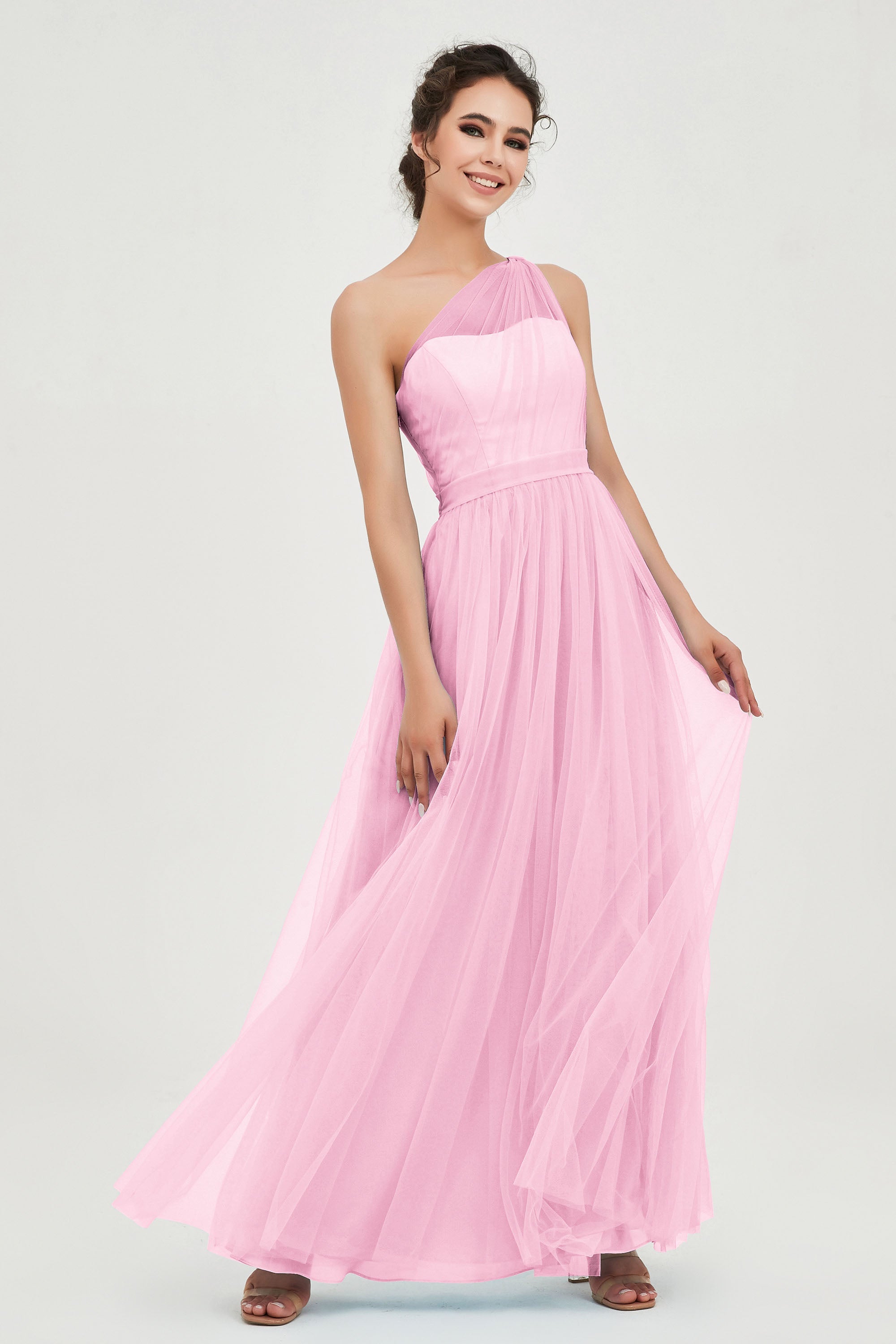 One Shoulder Tulle Ruched Bridesmaid Dress A Line Formal Evening Prom Dresses Gowns