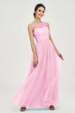 One Shoulder Tulle Ruched Bridesmaid Dress A Line Formal Evening Prom Dresses Gowns