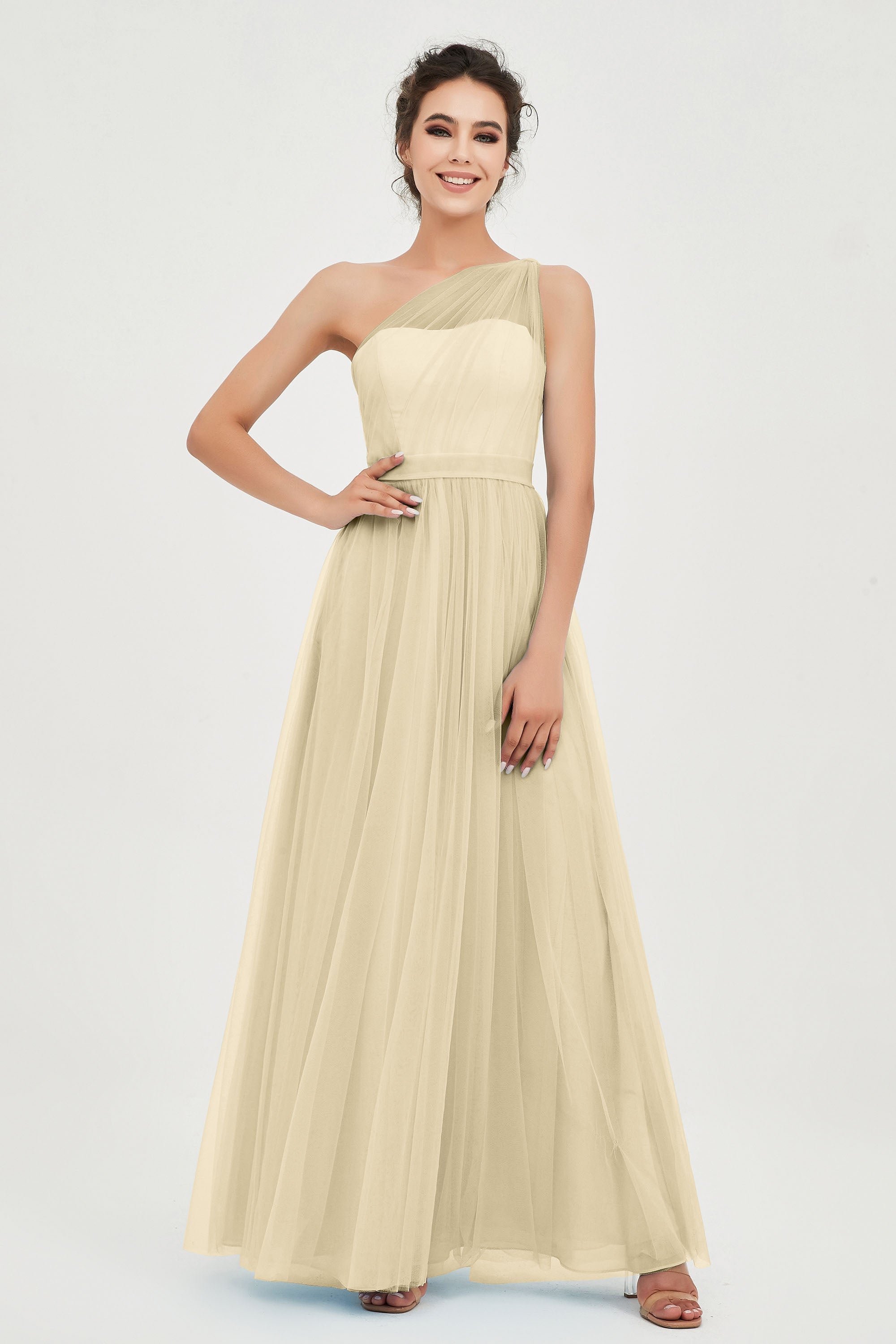 One Shoulder Tulle Ruched Bridesmaid Dress A Line Formal Evening Prom Dresses Gowns