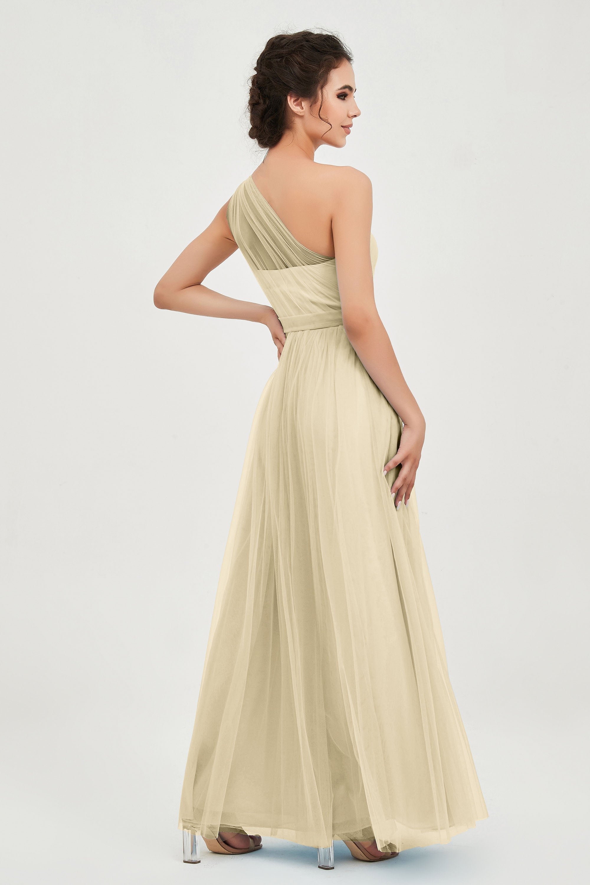 One Shoulder Tulle Ruched Bridesmaid Dress A Line Formal Evening Prom Dresses Gowns