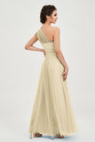 One Shoulder Tulle Ruched Bridesmaid Dress A Line Formal Evening Prom Dresses Gowns