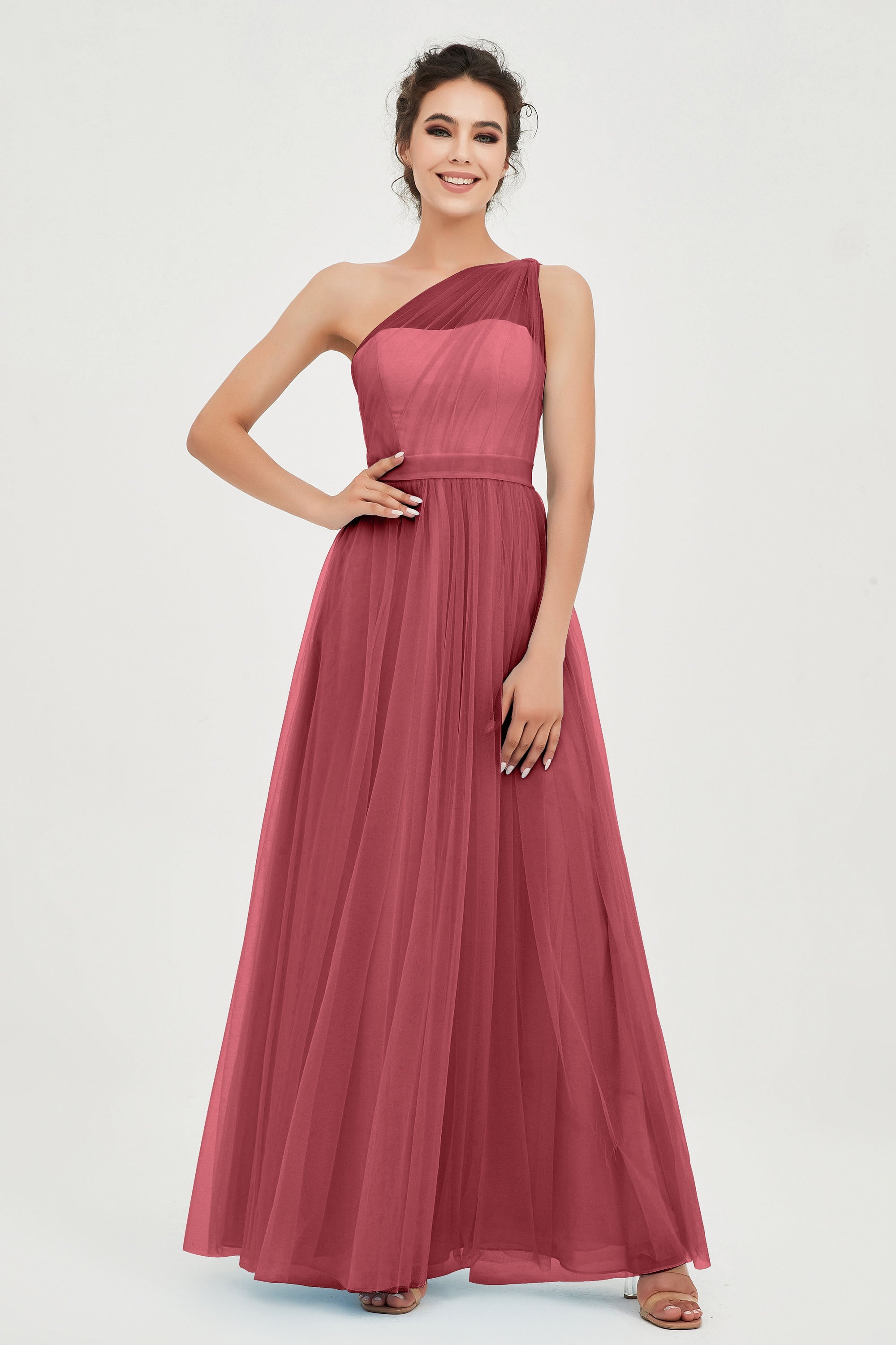 One Shoulder Tulle Ruched Bridesmaid Dress A Line Formal Evening Prom Dresses Gowns