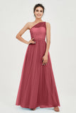 One Shoulder Tulle Ruched Bridesmaid Dress A Line Formal Evening Prom Dresses Gowns