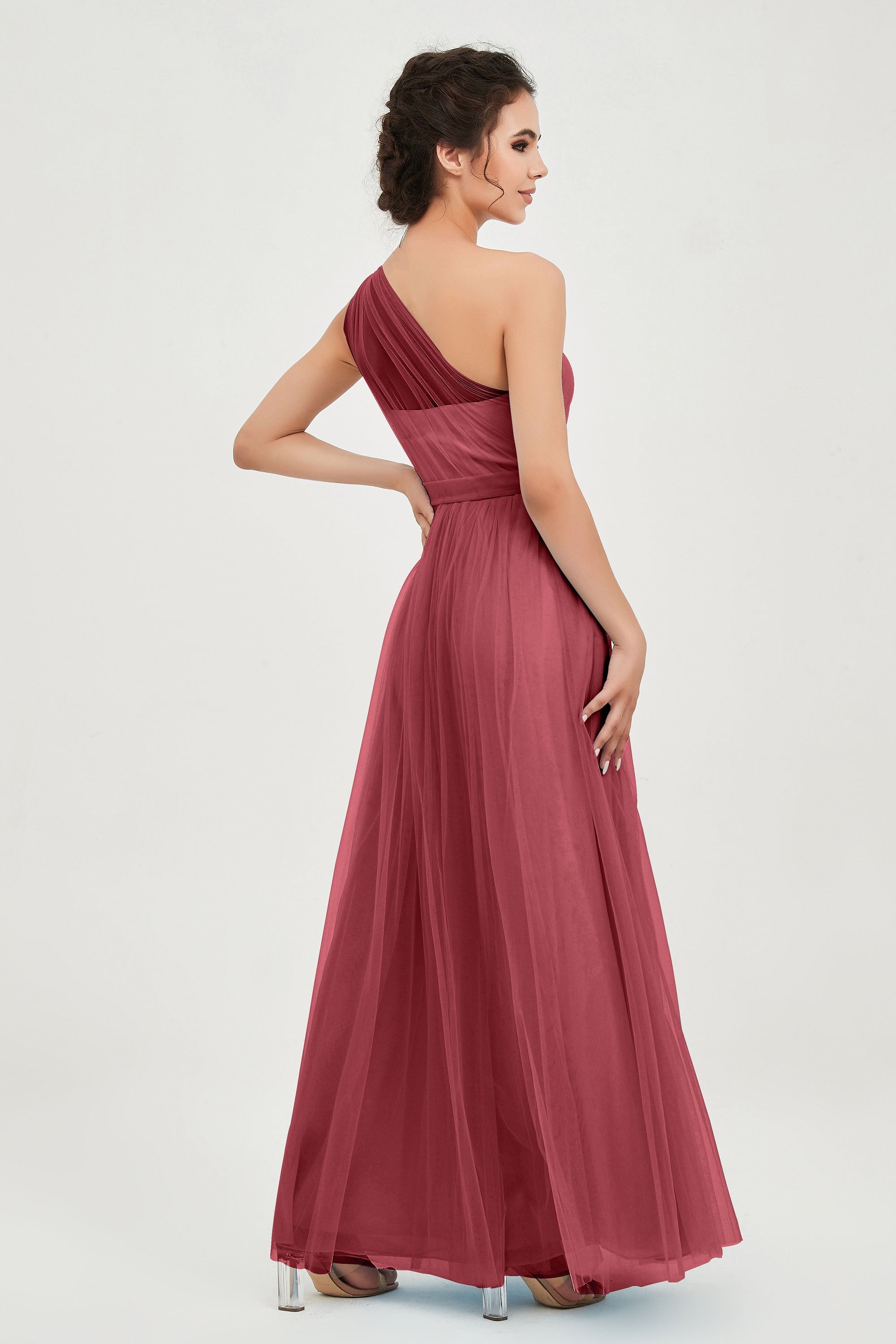 One Shoulder Tulle Ruched Bridesmaid Dress A Line Formal Evening Prom Dresses Gowns