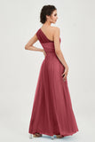One Shoulder Tulle Ruched Bridesmaid Dress A Line Formal Evening Prom Dresses Gowns