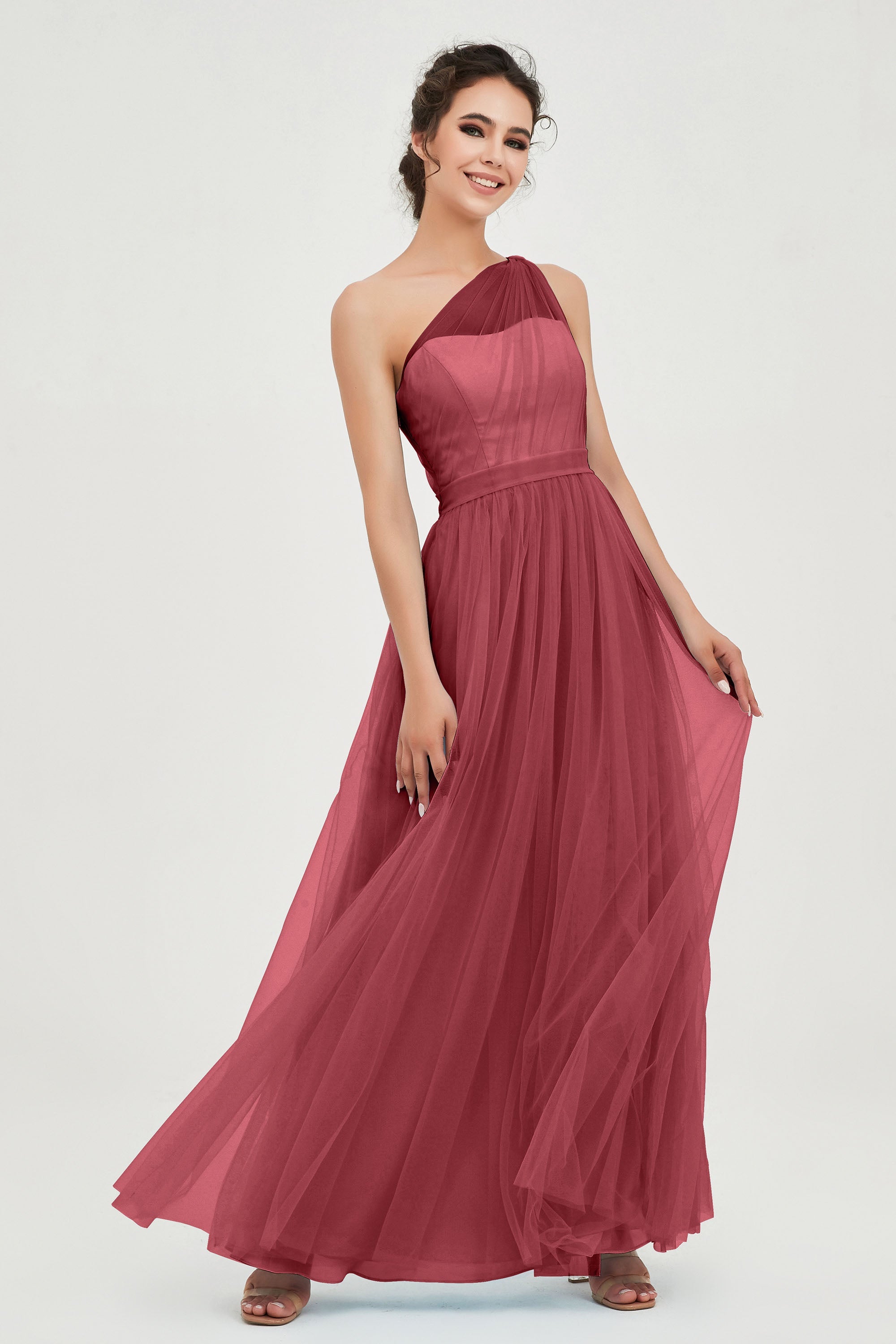 One Shoulder Tulle Ruched Bridesmaid Dress A Line Formal Evening Prom Dresses Gowns
