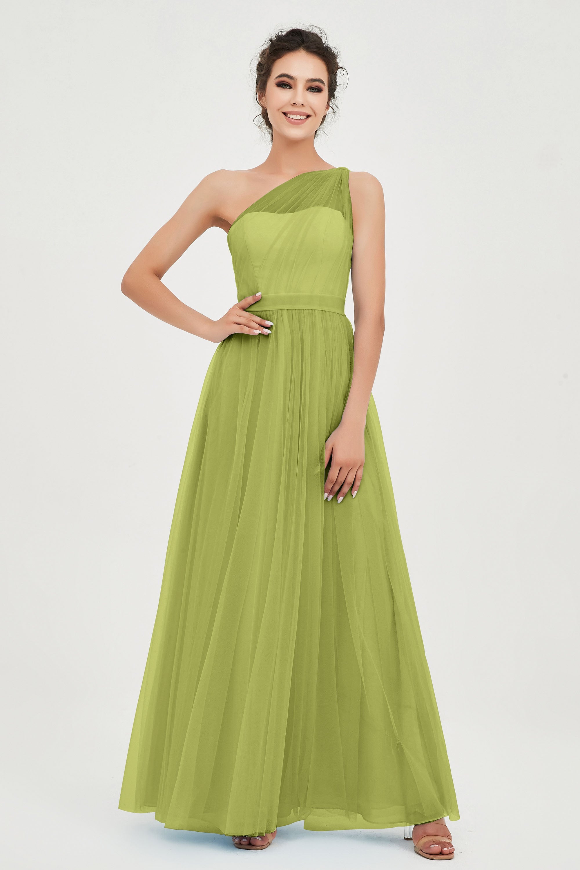 One Shoulder Tulle Ruched Bridesmaid Dress A Line Formal Evening Prom Dresses Gowns