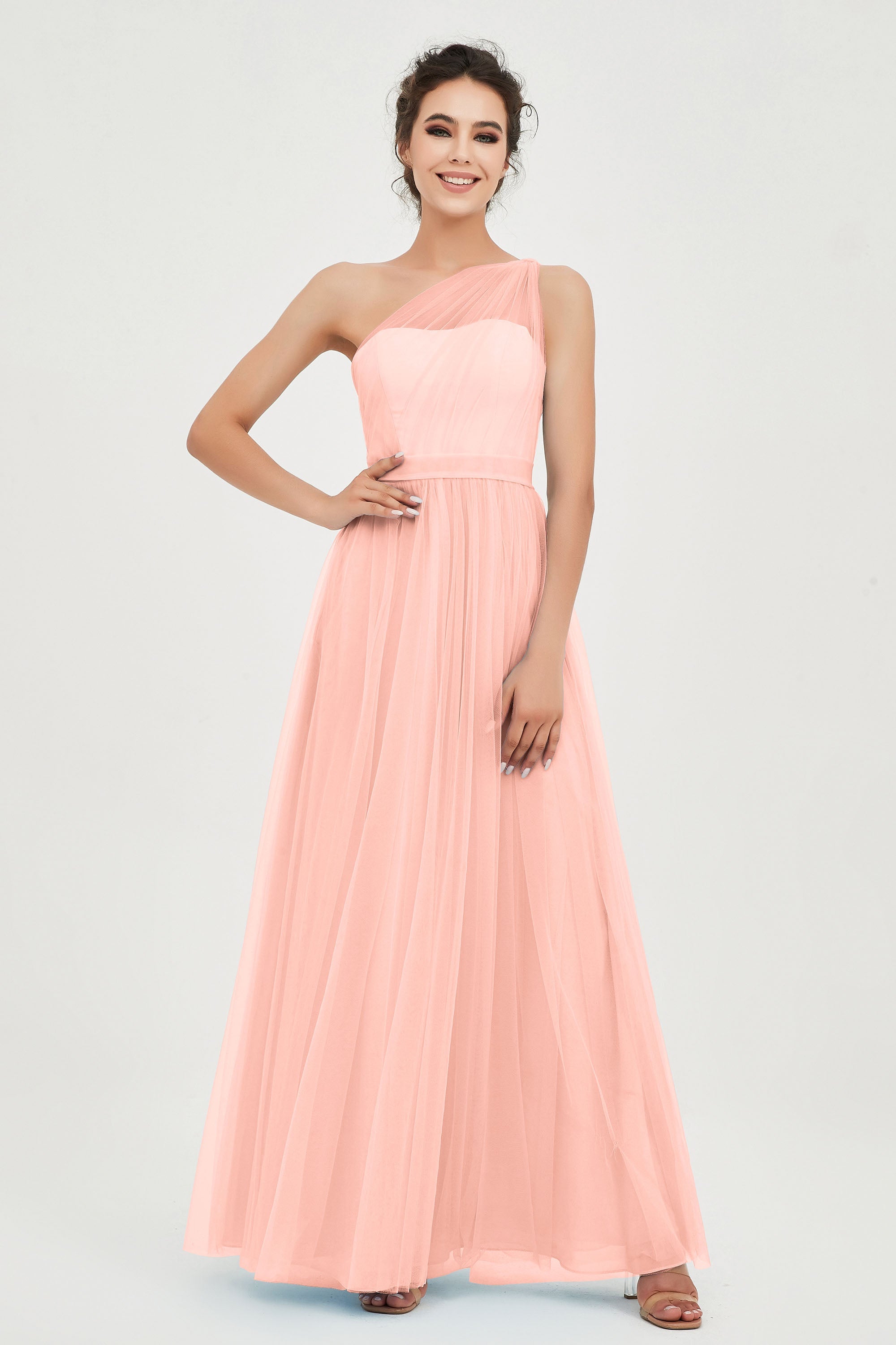 One Shoulder Tulle Ruched Bridesmaid Dress A Line Formal Evening Prom Dresses Gowns