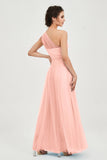 One Shoulder Tulle Ruched Bridesmaid Dress A Line Formal Evening Prom Dresses Gowns