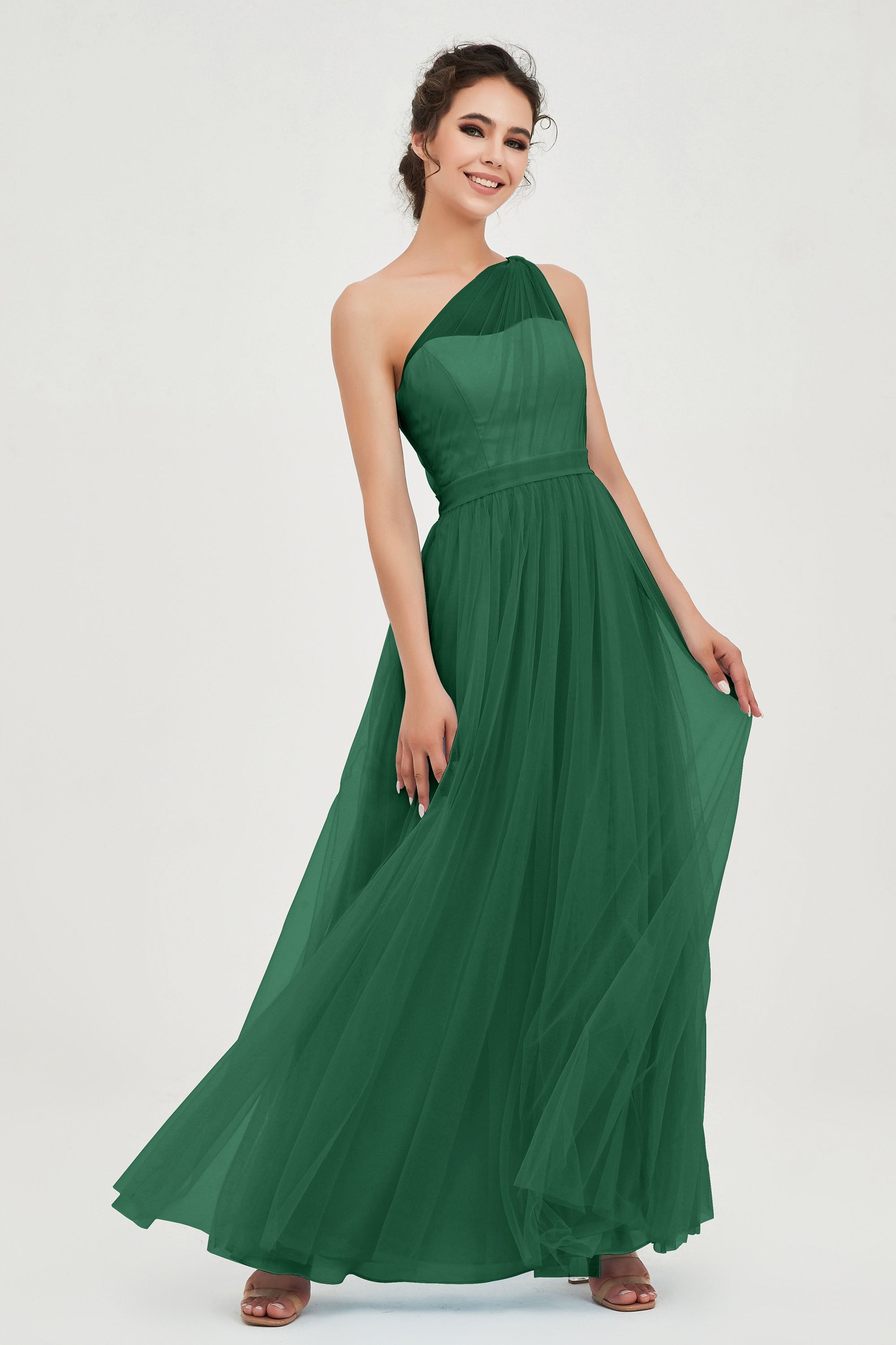 One Shoulder Tulle Ruched Bridesmaid Dress A Line Formal Evening Prom Dresses Gowns
