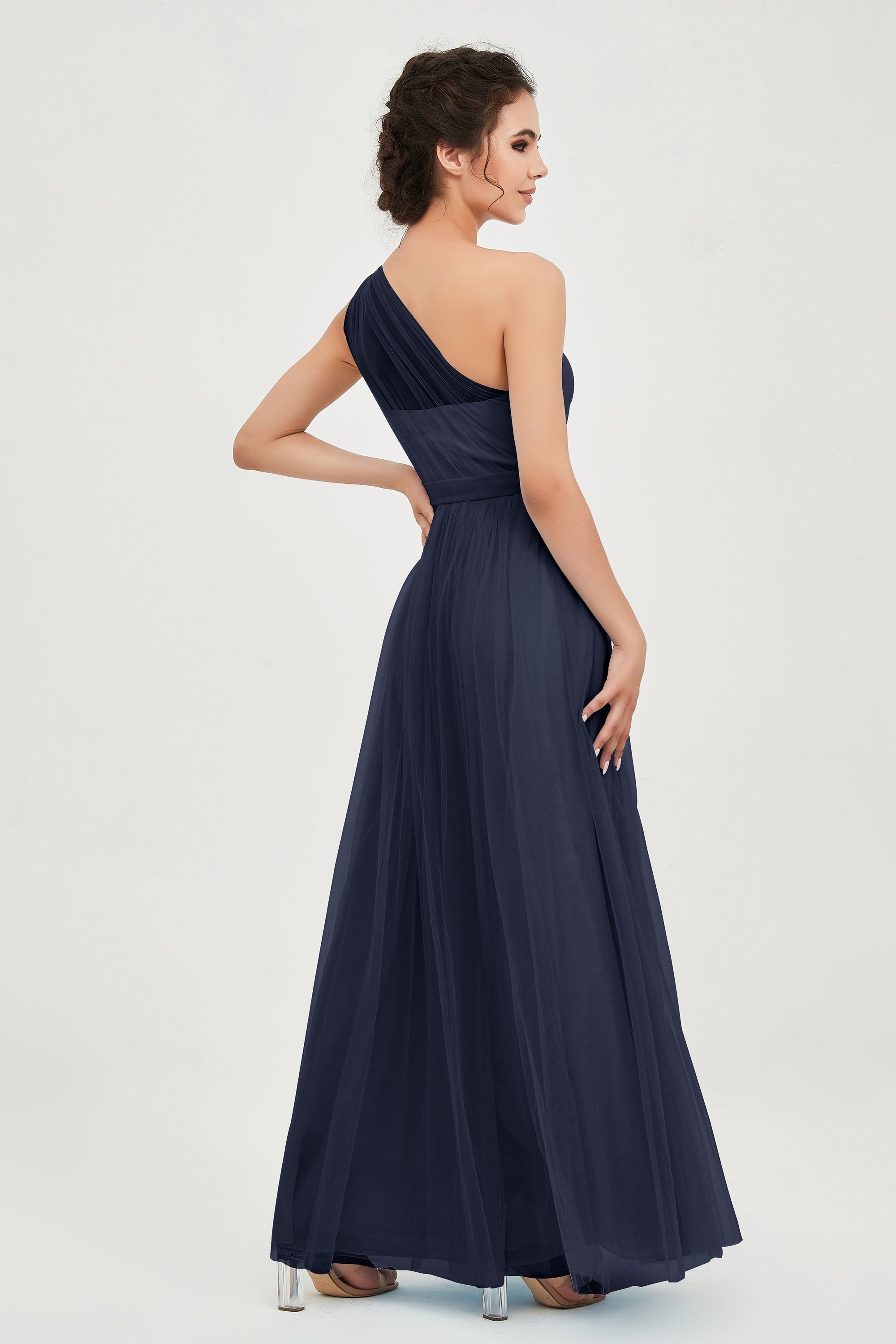 One Shoulder Tulle Ruched Bridesmaid Dress A Line Formal Evening Prom Dresses Gowns