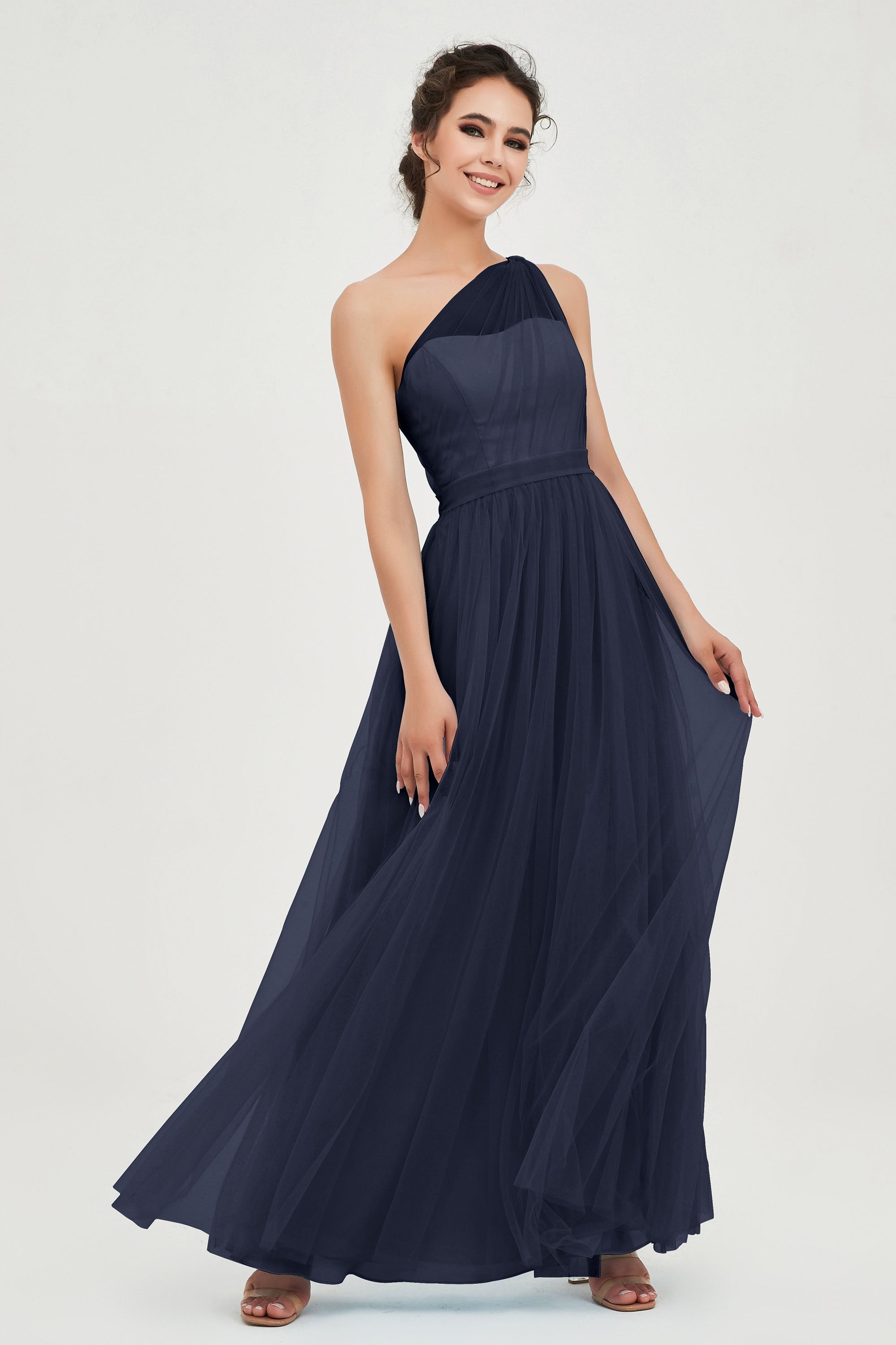 One Shoulder Tulle Ruched Bridesmaid Dress A Line Formal Evening Prom Dresses Gowns