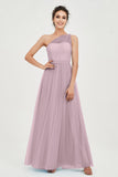One Shoulder Tulle Ruched Bridesmaid Dress A Line Formal Evening Prom Dresses Gowns
