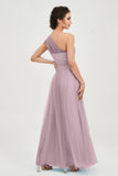 One Shoulder Tulle Ruched Bridesmaid Dress A Line Formal Evening Prom Dresses Gowns