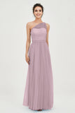 One Shoulder Tulle Ruched Bridesmaid Dress A Line Formal Evening Prom Dresses Gowns