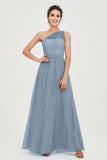 One Shoulder Tulle Ruched Bridesmaid Dress A Line Formal Evening Prom Dresses Gowns