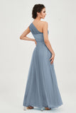 One Shoulder Tulle Ruched Bridesmaid Dress A Line Formal Evening Prom Dresses Gowns