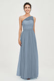 One Shoulder Tulle Ruched Bridesmaid Dress A Line Formal Evening Prom Dresses Gowns