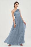 One Shoulder Tulle Ruched Bridesmaid Dress A Line Formal Evening Prom Dresses Gowns
