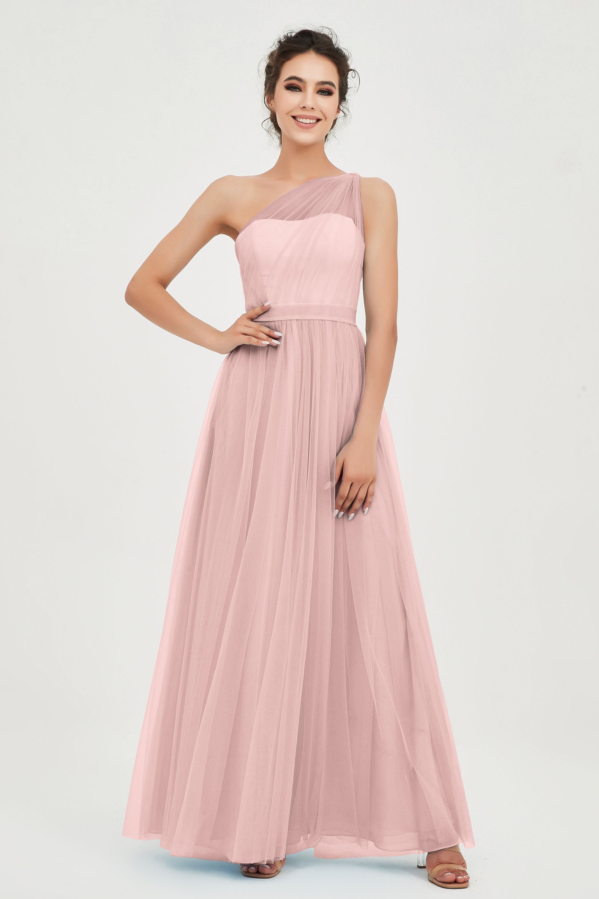 One Shoulder Tulle Ruched Bridesmaid Dress A Line Formal Evening Prom Dresses Gowns