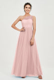 One Shoulder Tulle Ruched Bridesmaid Dress A Line Formal Evening Prom Dresses Gowns