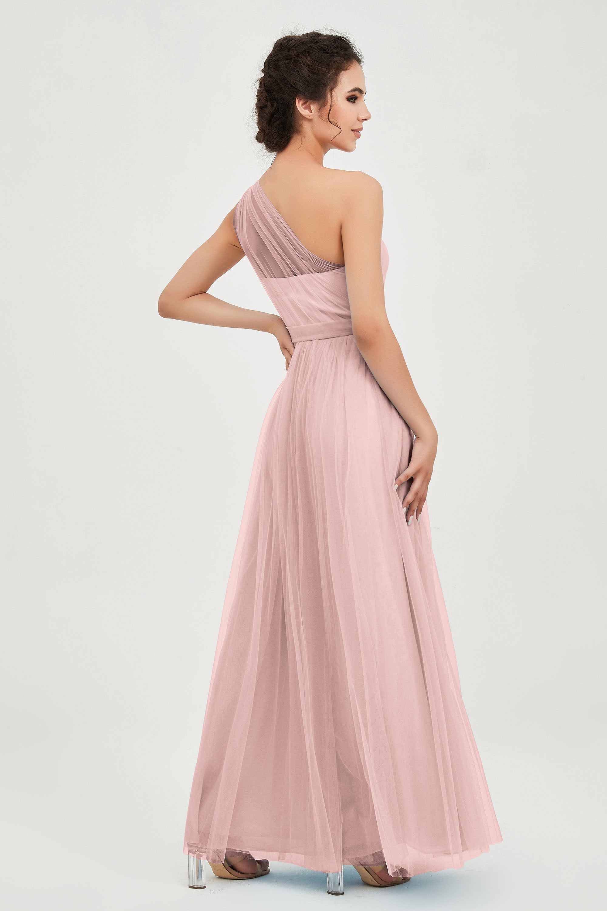 One Shoulder Tulle Ruched Bridesmaid Dress A Line Formal Evening Prom Dresses Gowns