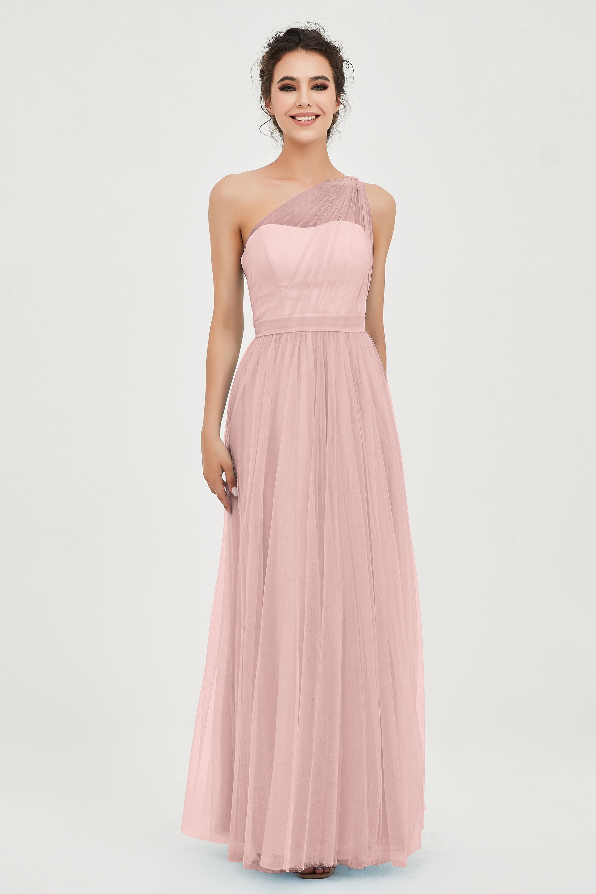 One Shoulder Tulle Ruched Bridesmaid Dress A Line Formal Evening Prom Dresses Gowns
