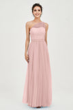 One Shoulder Tulle Ruched Bridesmaid Dress A Line Formal Evening Prom Dresses Gowns