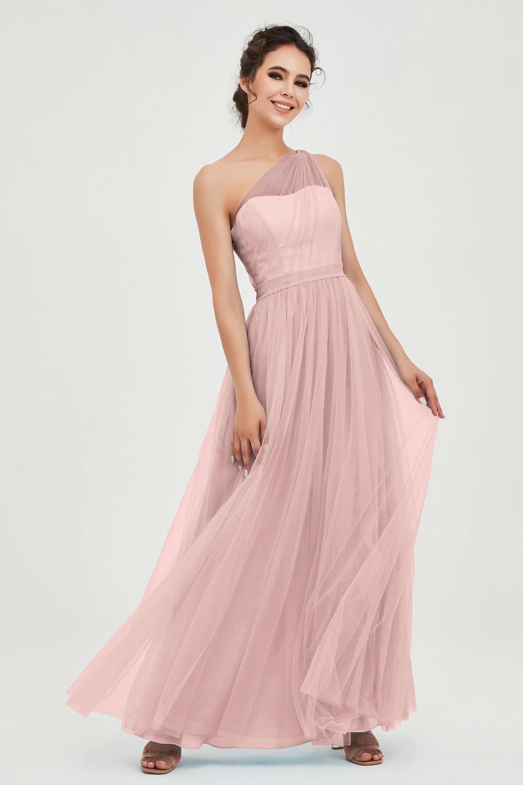 One Shoulder Tulle Ruched Bridesmaid Dress A Line Formal Evening Prom Dresses Gowns