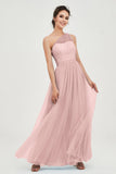 One Shoulder Tulle Ruched Bridesmaid Dress A Line Formal Evening Prom Dresses Gowns