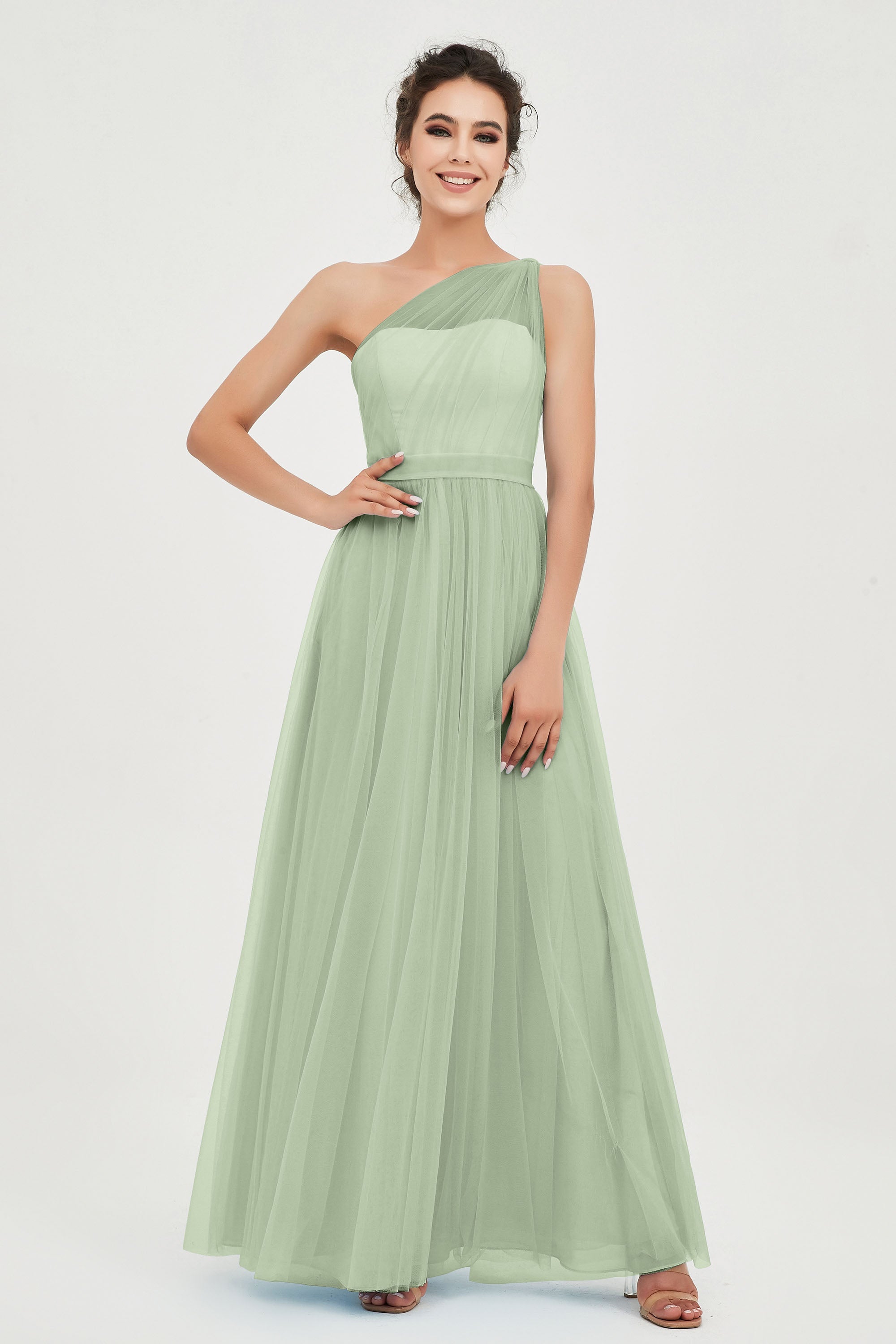 One Shoulder Tulle Ruched Bridesmaid Dress A Line Formal Evening Prom Dresses Gowns