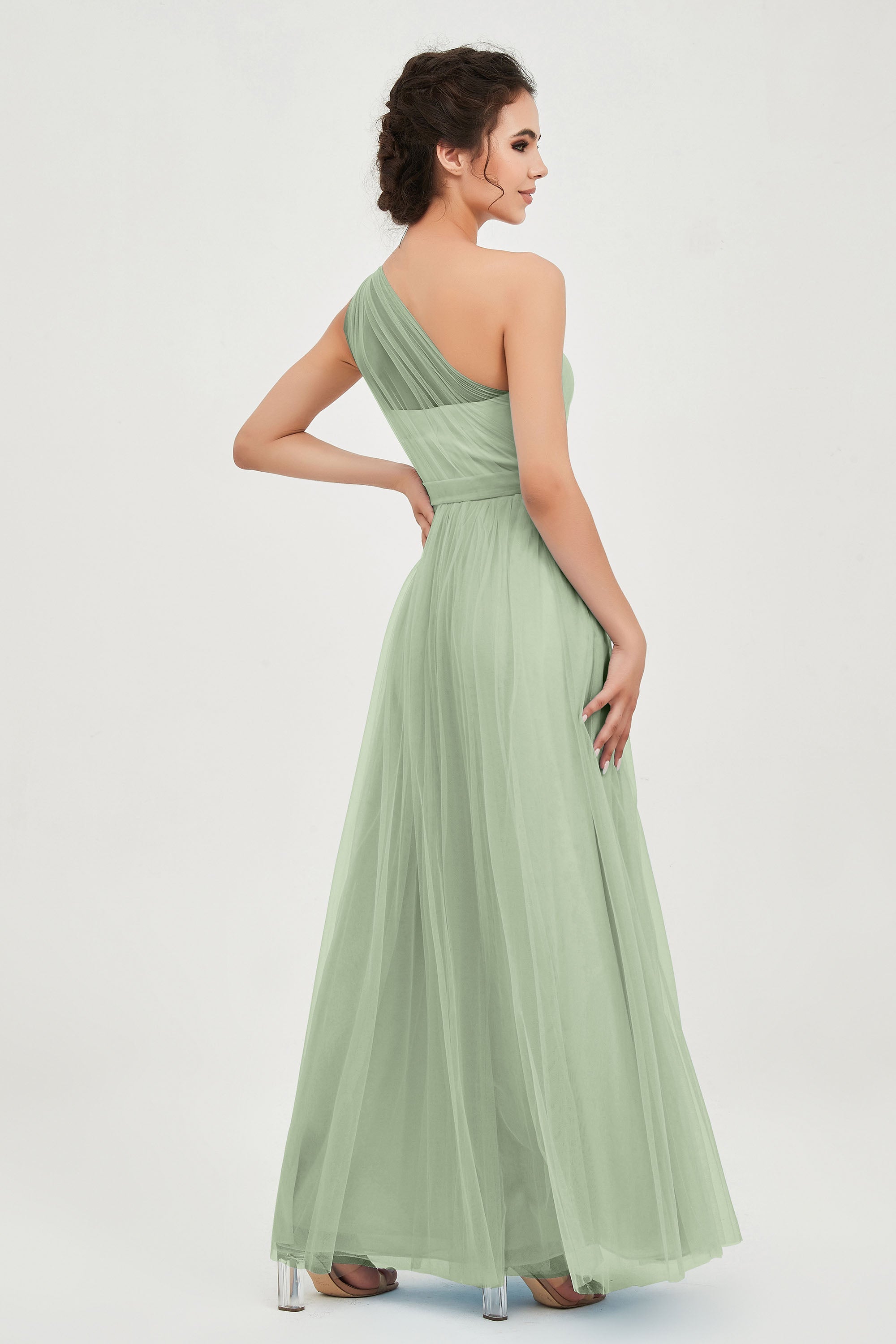 One Shoulder Tulle Ruched Bridesmaid Dress A Line Formal Evening Prom Dresses Gowns