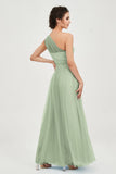 One Shoulder Tulle Ruched Bridesmaid Dress A Line Formal Evening Prom Dresses Gowns
