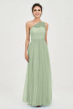One Shoulder Tulle Ruched Bridesmaid Dress A Line Formal Evening Prom Dresses Gowns