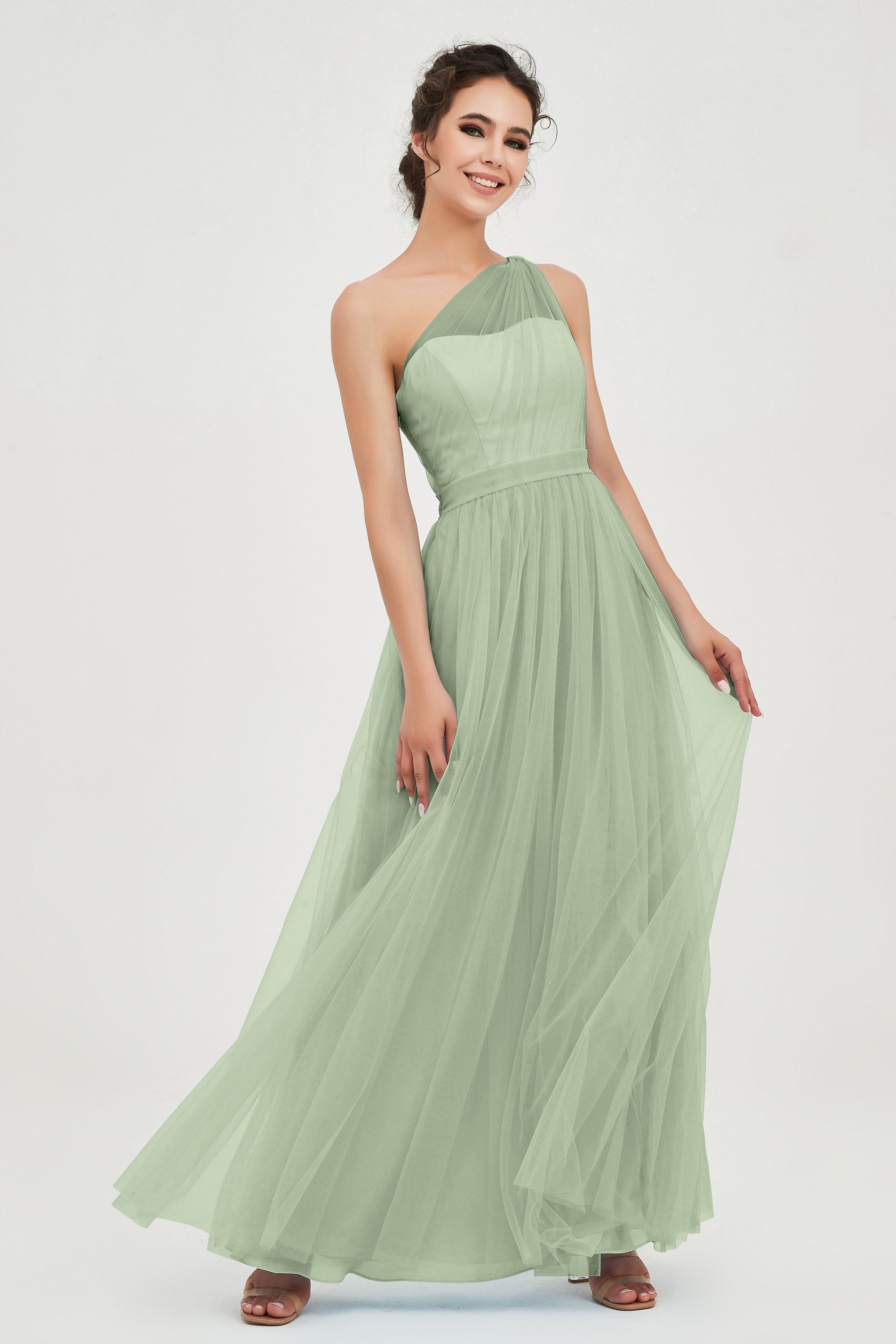 One Shoulder Tulle Ruched Bridesmaid Dress A Line Formal Evening Prom Dresses Gowns