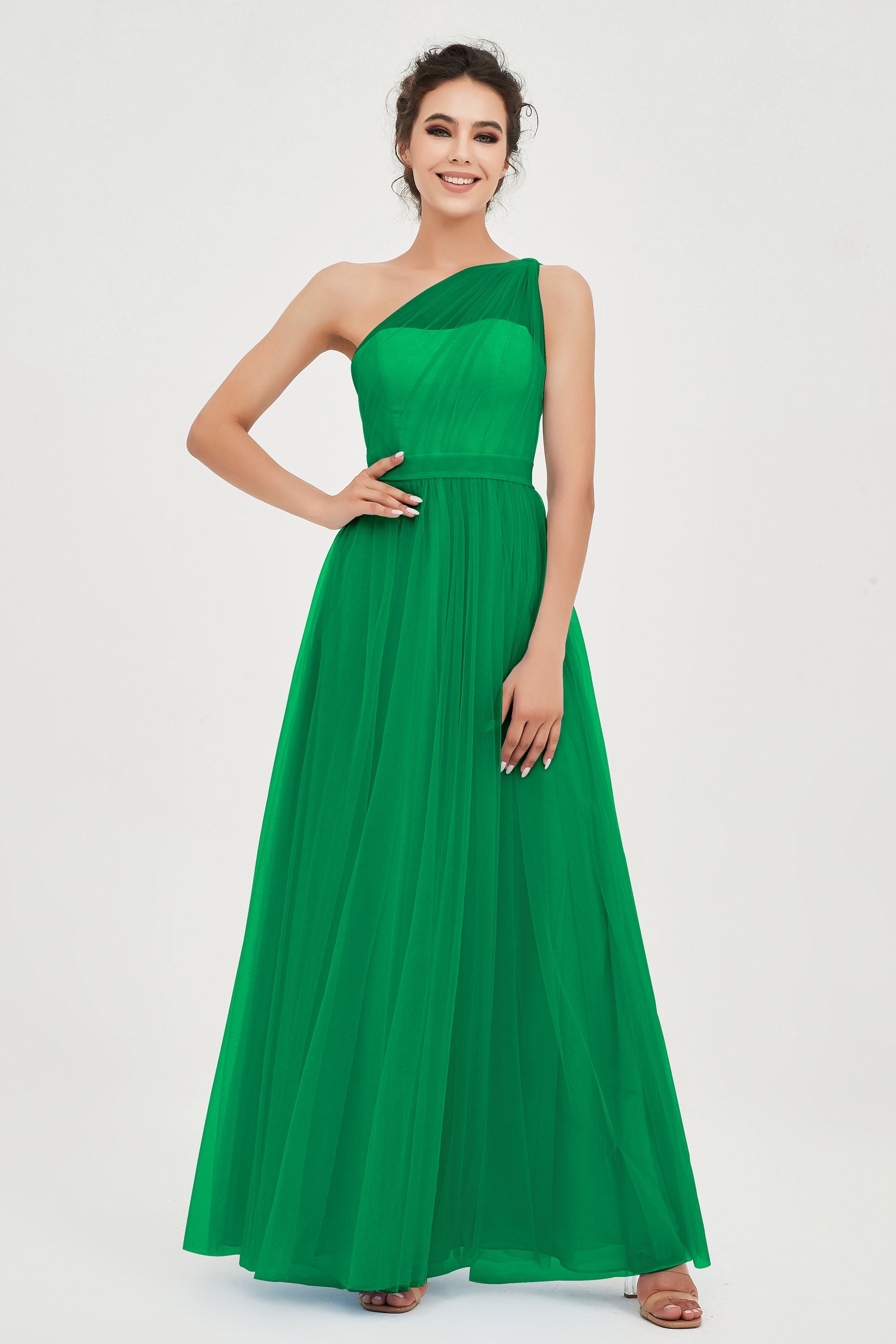 One Shoulder Tulle Ruched Bridesmaid Dress A Line Formal Evening Prom Dresses Gowns