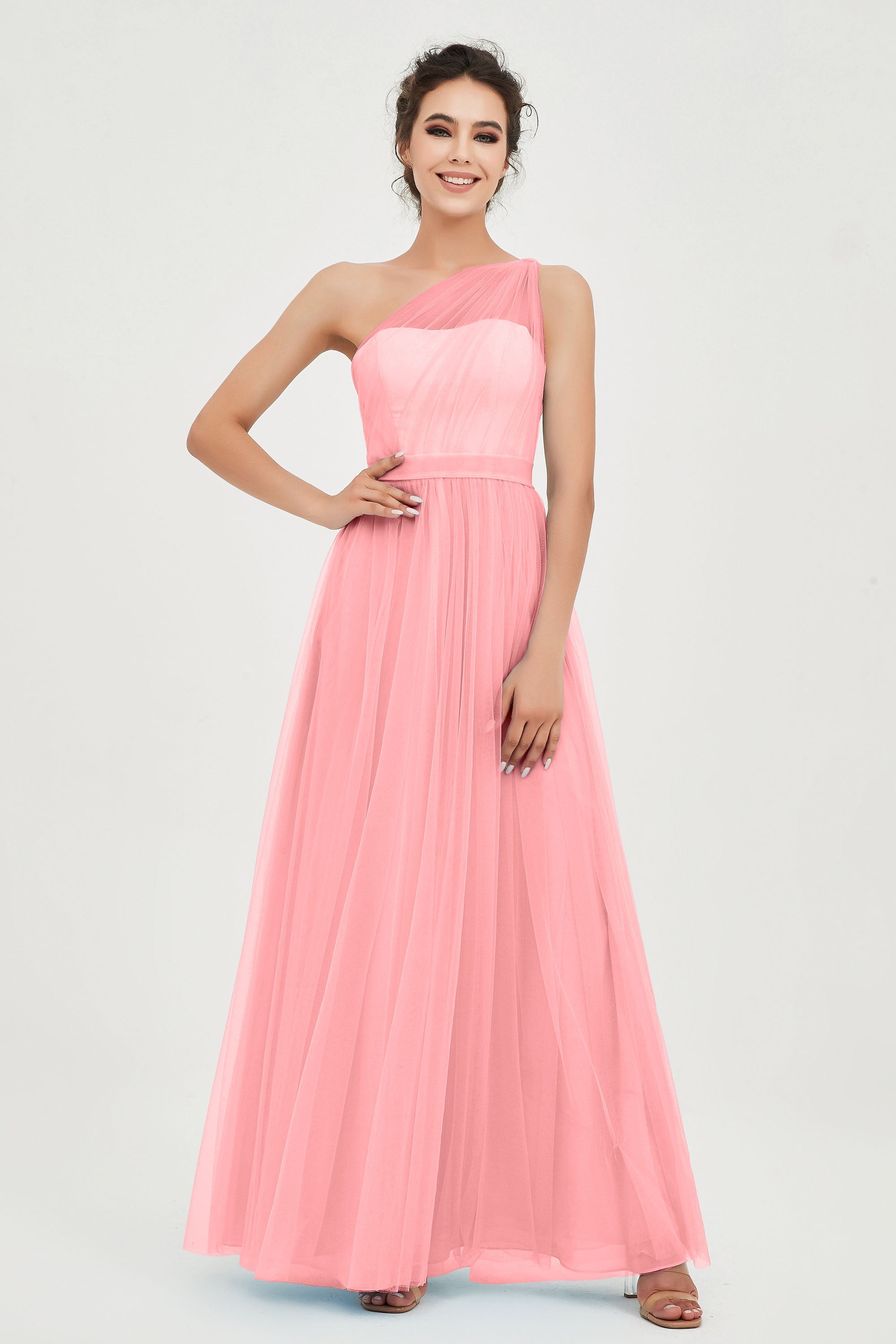 One Shoulder Tulle Ruched Bridesmaid Dress A Line Formal Evening Prom Dresses Gowns