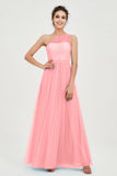 One Shoulder Tulle Ruched Bridesmaid Dress A Line Formal Evening Prom Dresses Gowns