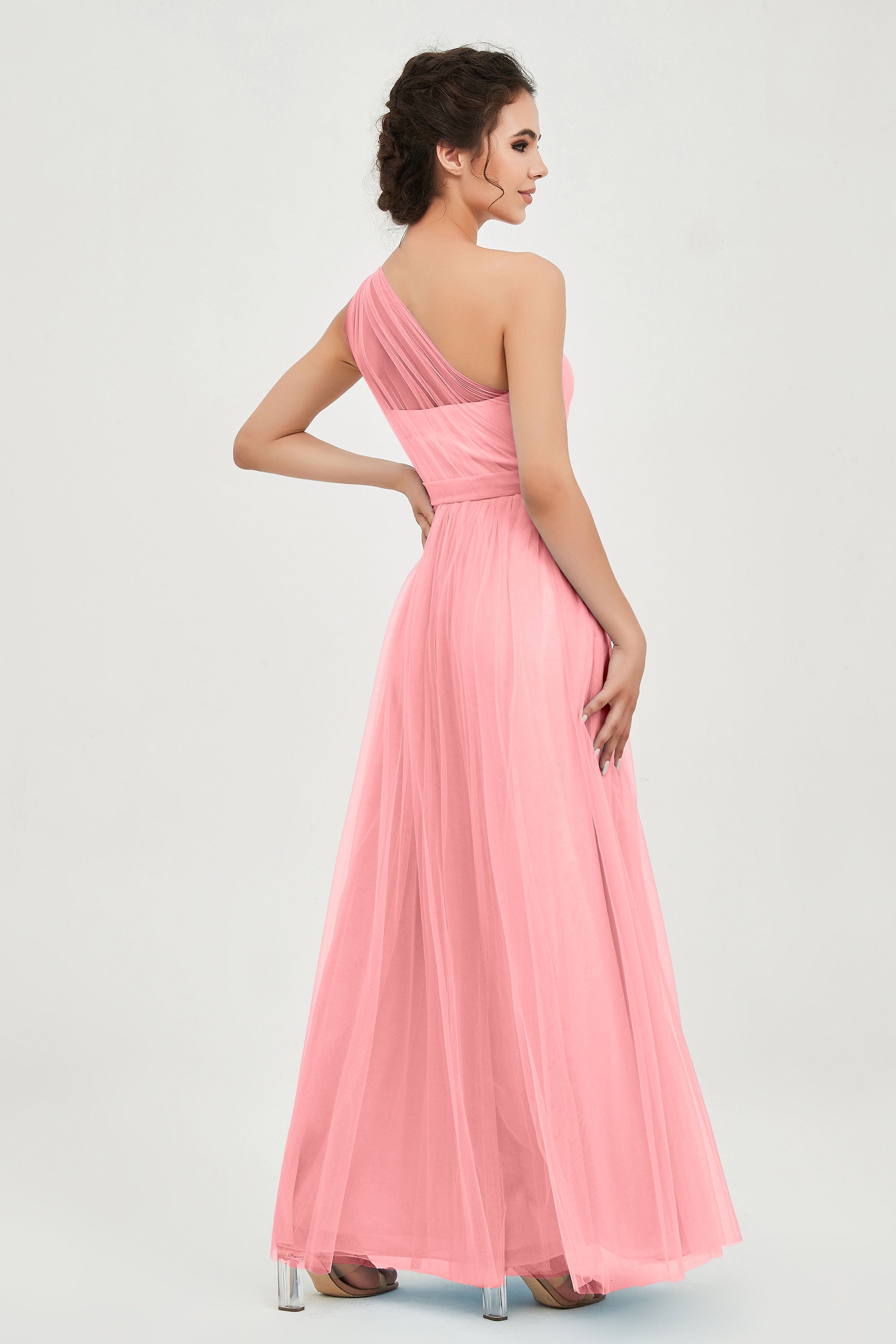 One Shoulder Tulle Ruched Bridesmaid Dress A Line Formal Evening Prom Dresses Gowns