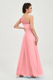 One Shoulder Tulle Ruched Bridesmaid Dress A Line Formal Evening Prom Dresses Gowns
