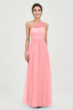 One Shoulder Tulle Ruched Bridesmaid Dress A Line Formal Evening Prom Dresses Gowns