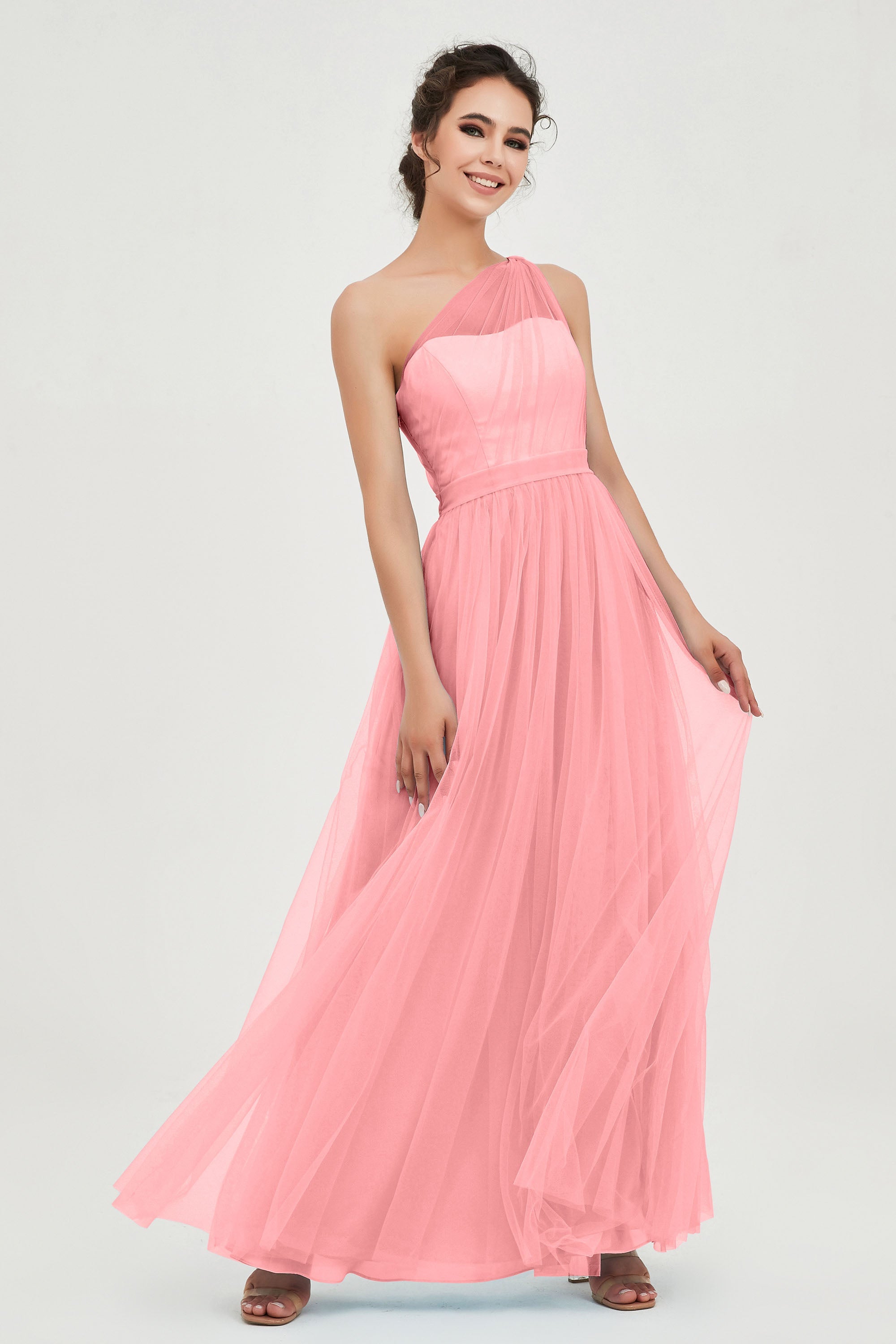 One Shoulder Tulle Ruched Bridesmaid Dress A Line Formal Evening Prom Dresses Gowns