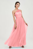 One Shoulder Tulle Ruched Bridesmaid Dress A Line Formal Evening Prom Dresses Gowns