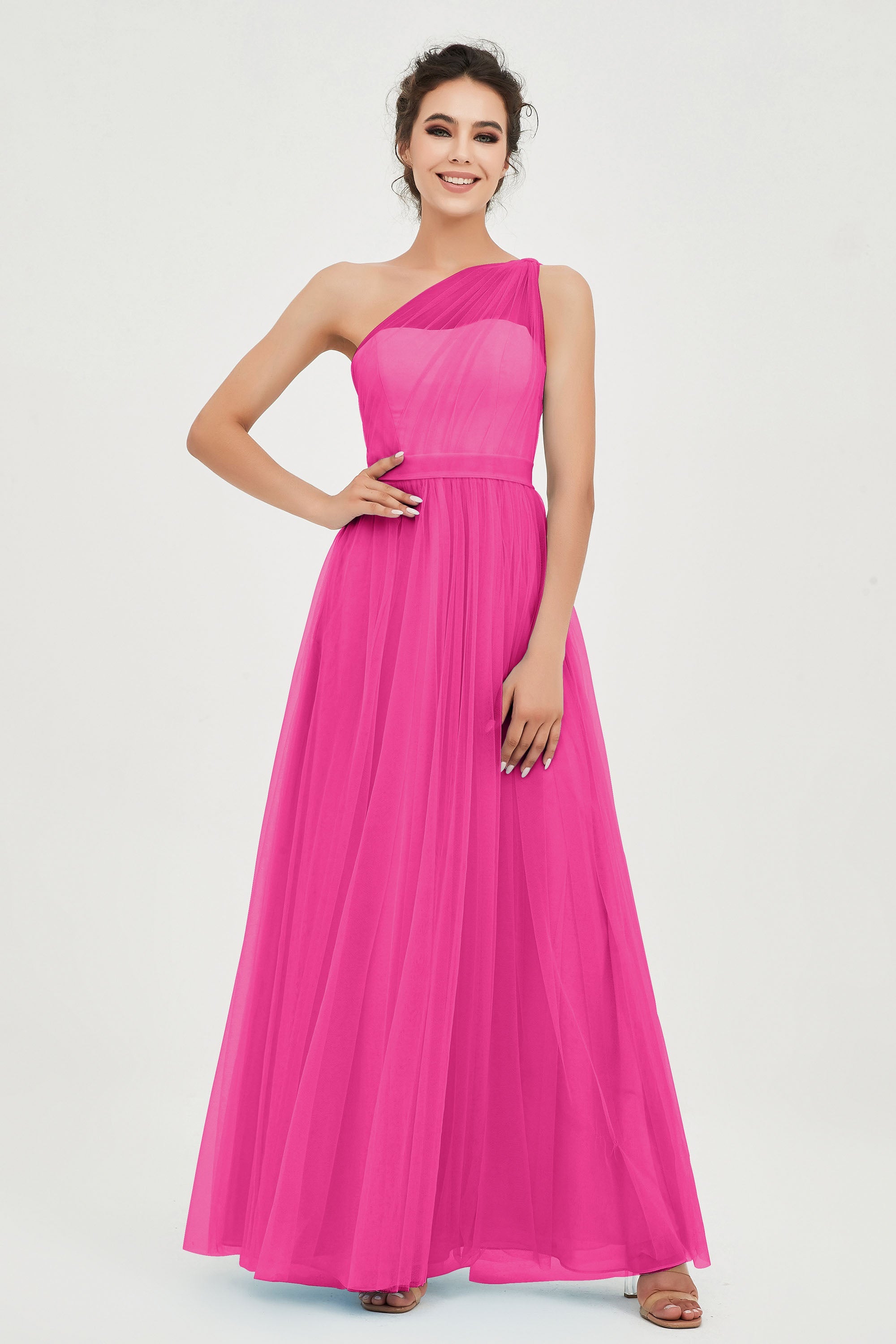 One Shoulder Tulle Ruched Bridesmaid Dress A Line Formal Evening Prom Dresses Gowns