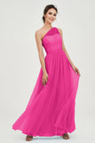 One Shoulder Tulle Ruched Bridesmaid Dress A Line Formal Evening Prom Dresses Gowns