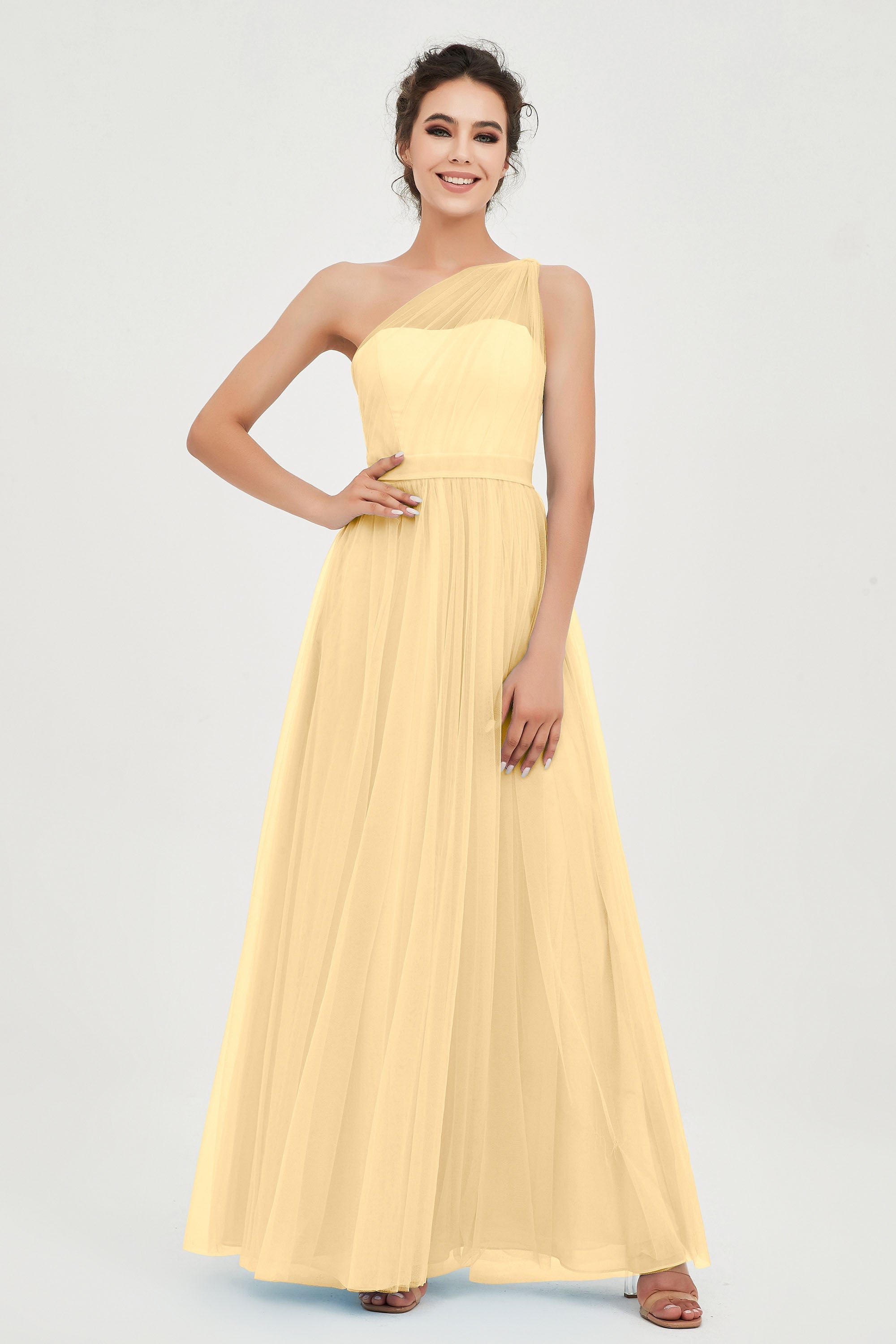 One Shoulder Tulle Ruched Bridesmaid Dress A Line Formal Evening Prom Dresses Gowns